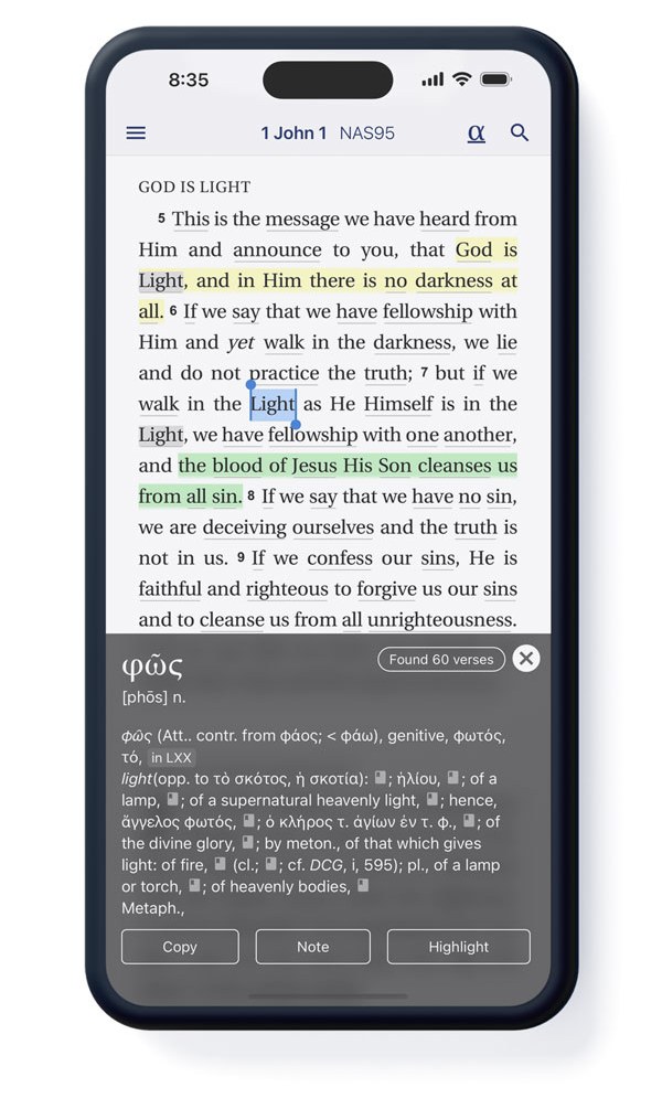 Literal Word app screenshot: integrated Greek and Hebrew lexicons